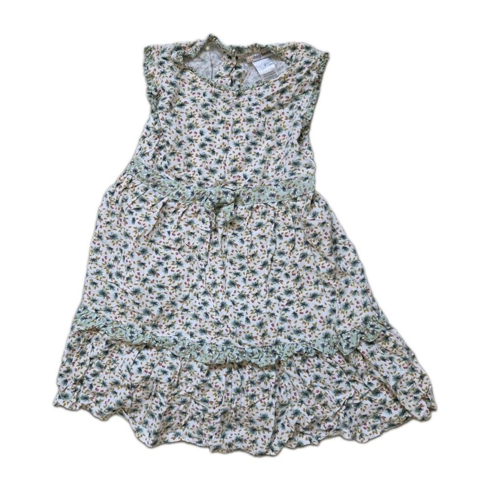 Daisy Fuentes Floral Ruffle Dress White Green Tie Waist Button Back Sz 6 EUC